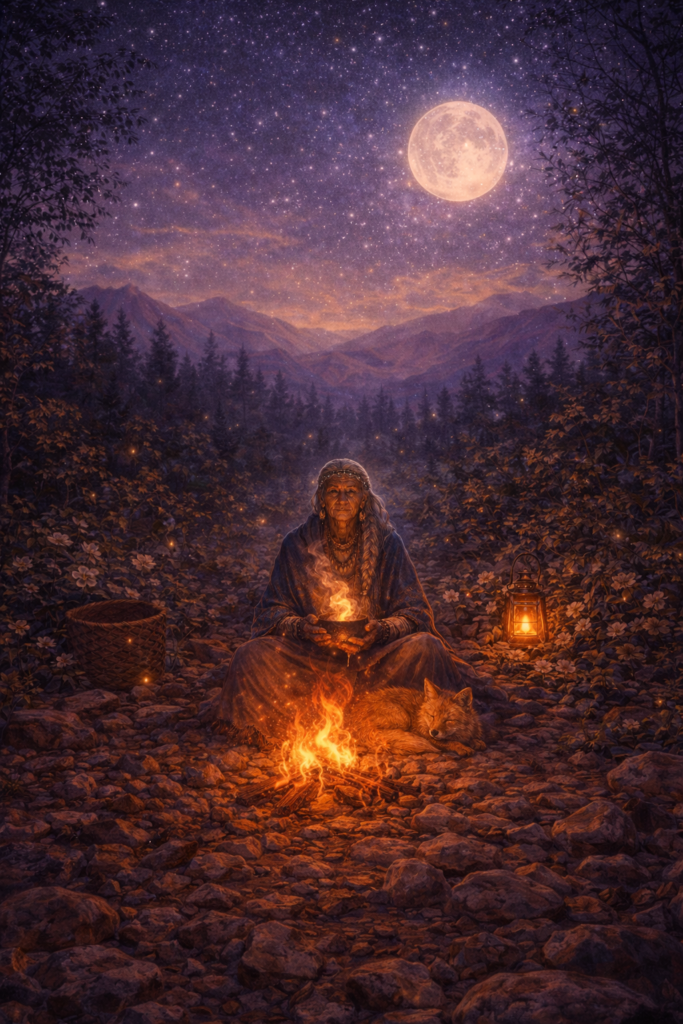 elder woman by the campfire