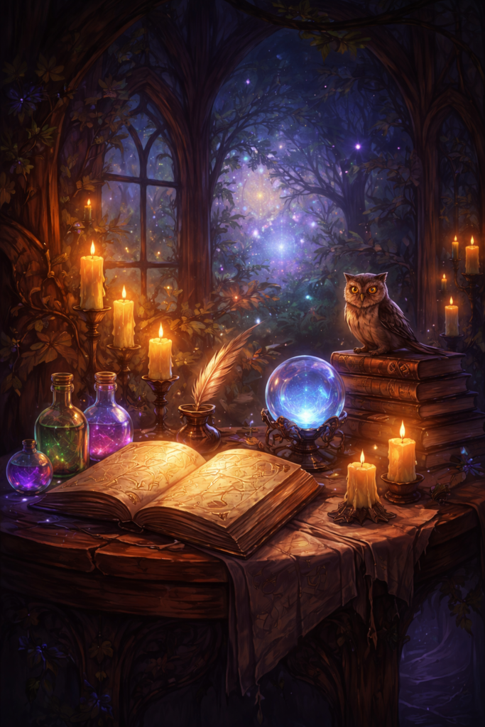 magical study in a glowing forest