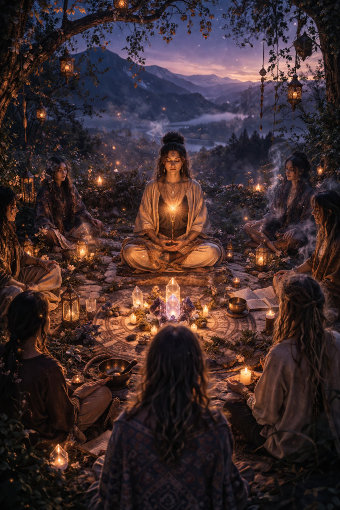 meditative circle in twilight forest