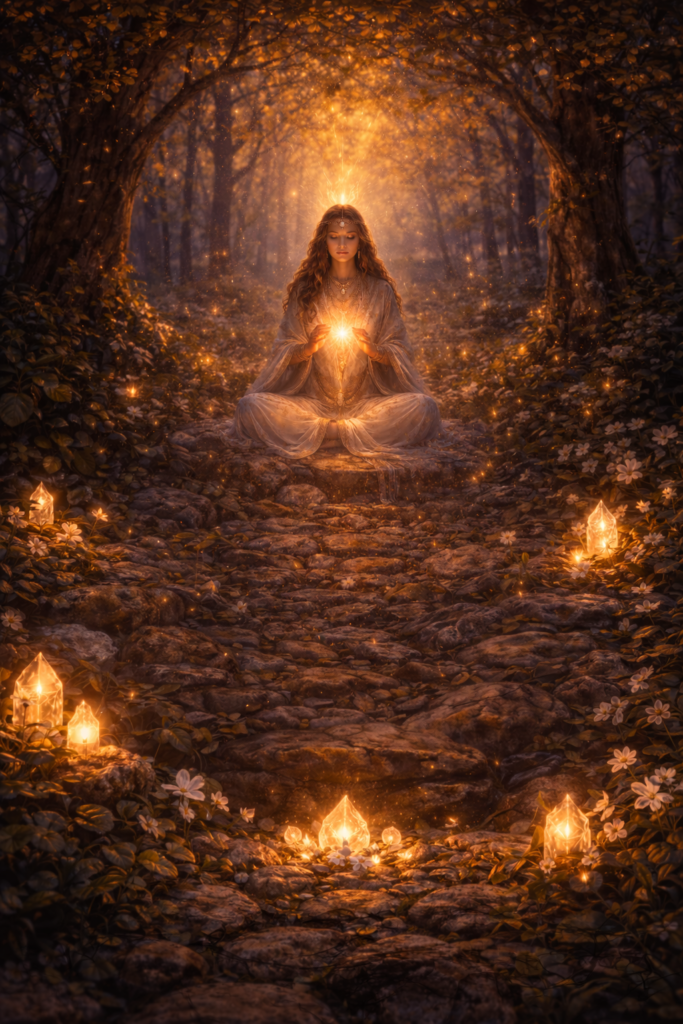 mystical meditation in a glowing forest