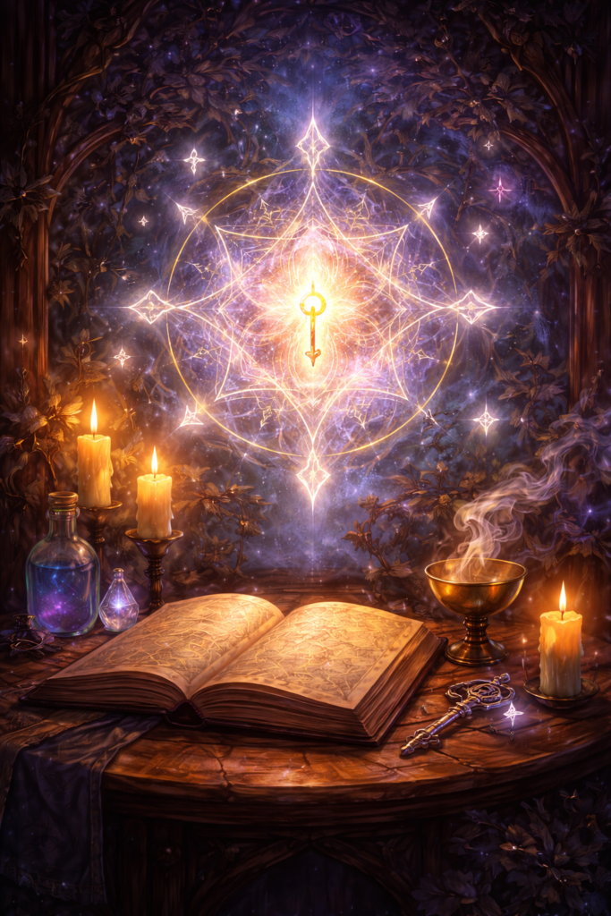 mystical study with glowing symbols