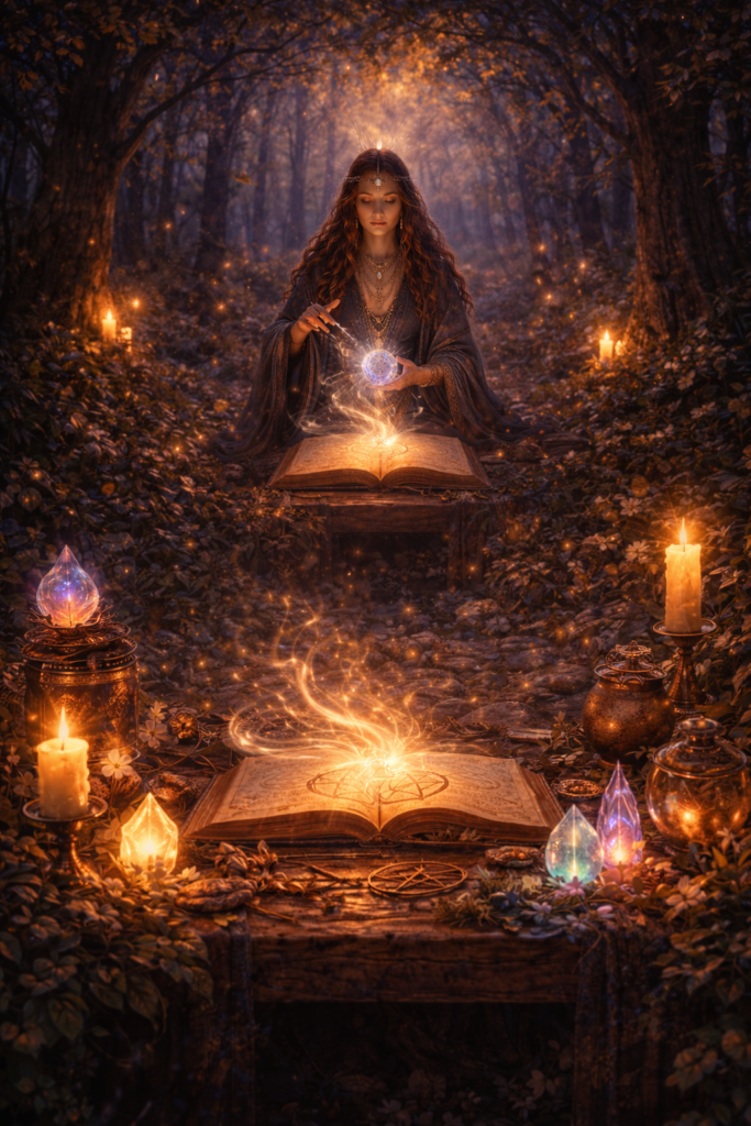 sorceress casting a spell in twilight