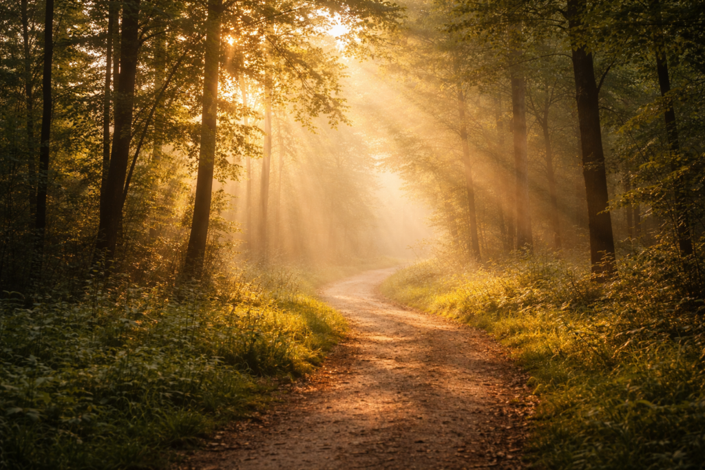 sunlit morning walk in the forest